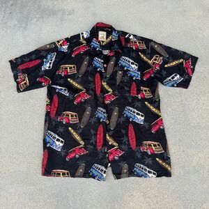 Island Collection Men Size L Aloha Hawaiian Shirt‎ Surf Van Car Print Black